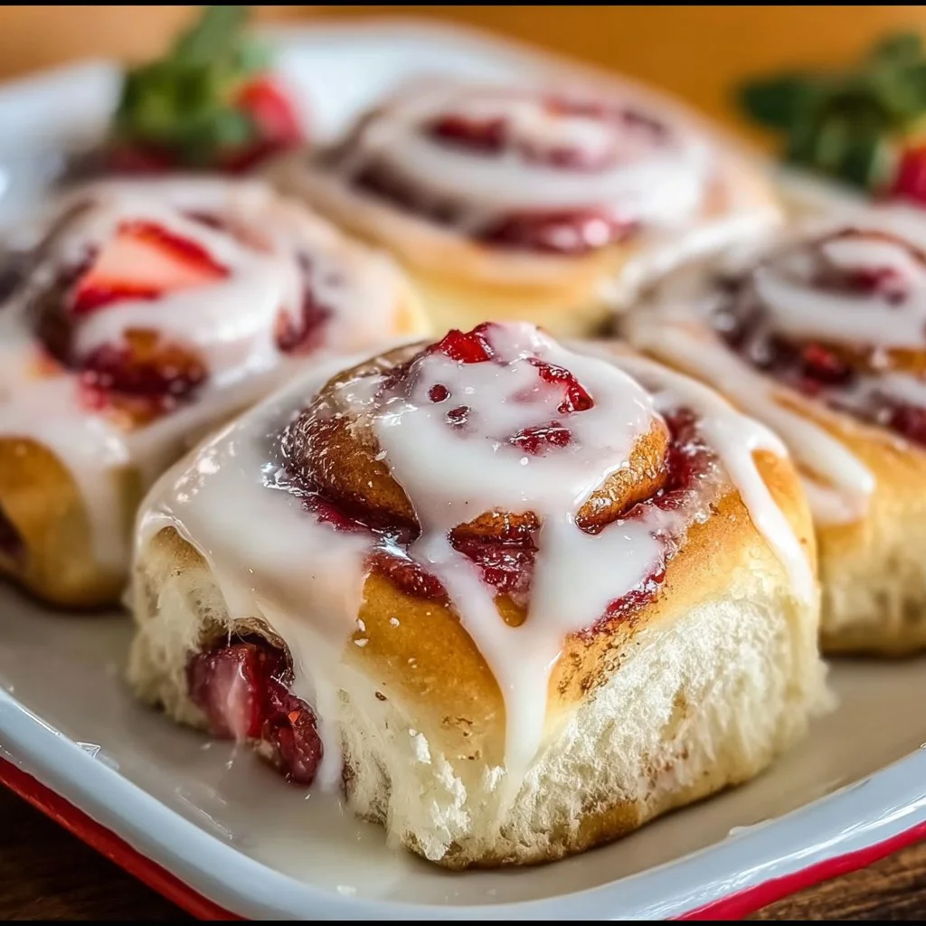 Delicious Strawberry Cheesecake Cinnabon Rolls topped with creamy frosting