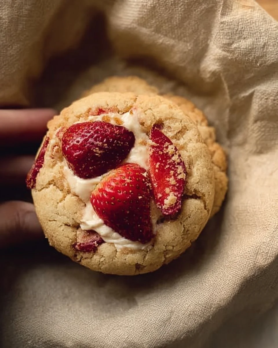 Delicious strawberry cheesecake cookies topped with fresh strawberries