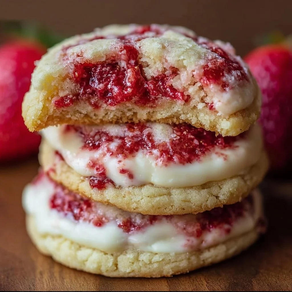 Strawberry Cheesecake Cookies on a plate with fresh strawberries
