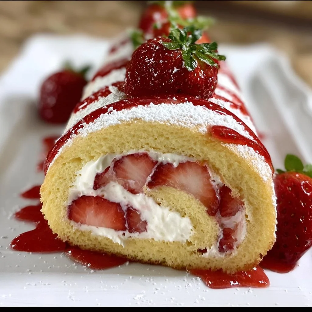Delicious strawberry cheesecake roll with fresh strawberries and creamy filling