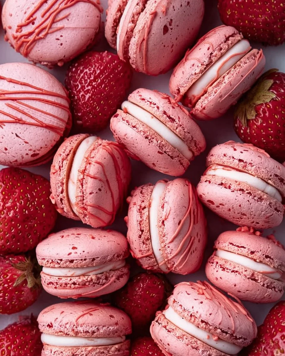 Homemade strawberry macaron shells on a white plate