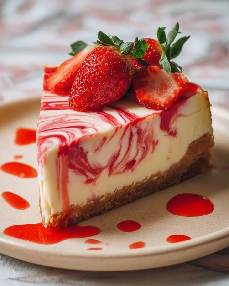Delicious strawberry swirl cheesecake topped with fresh strawberries.