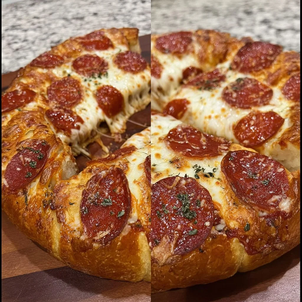 Stuffed crust pepperoni pizza with gooey cheese and crispy crust