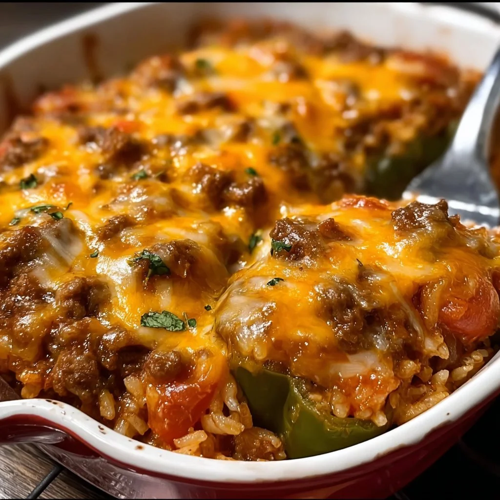 Delicious stuffed pepper casserole garnished with herbs in a baking dish.