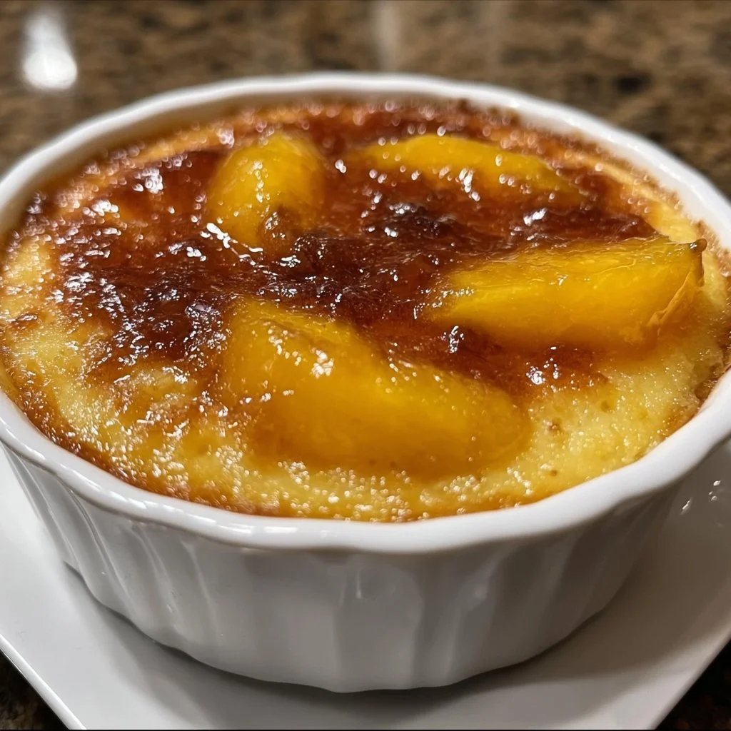 Delicious Tennessee Peach Pudding served in a bowl with fresh peaches