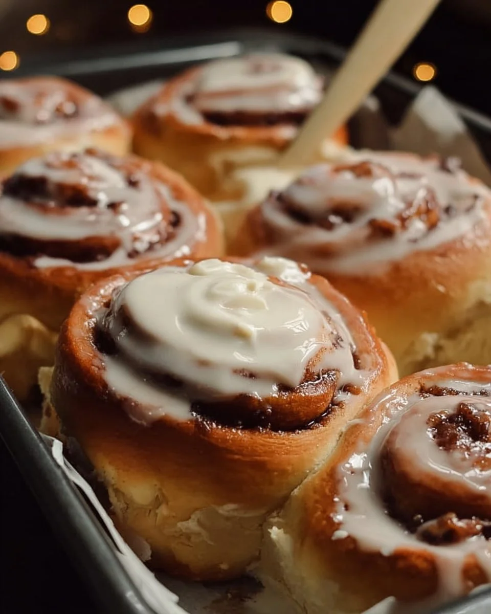 Freshly baked cinnamon rolls topped with creamy icing