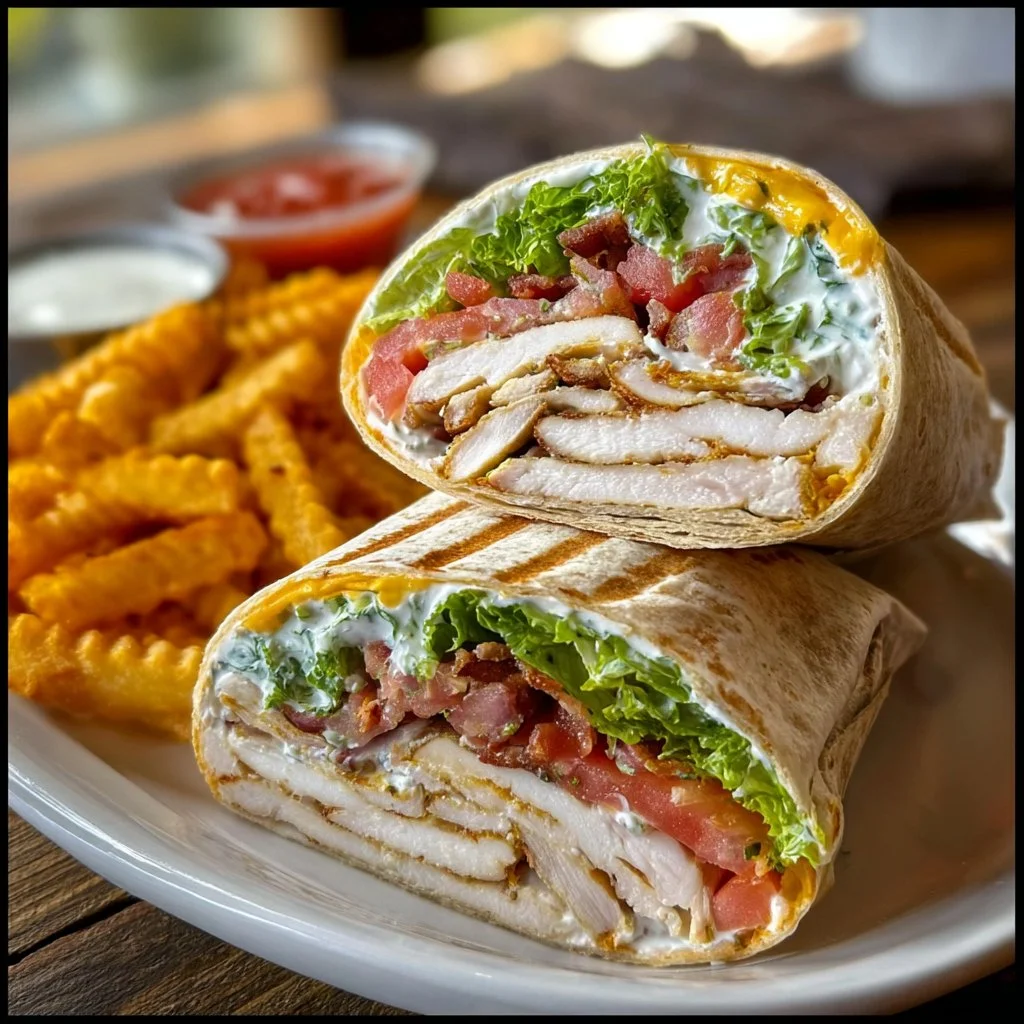 Delicious Turkey Ranch Club Wrap filled with turkey, ranch dressing, and fresh veggies.