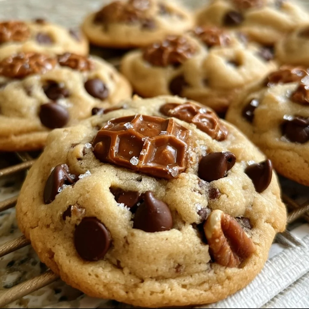 Plate of delicious Turtle Pudding Cookies with chocolate, caramel, and nuts