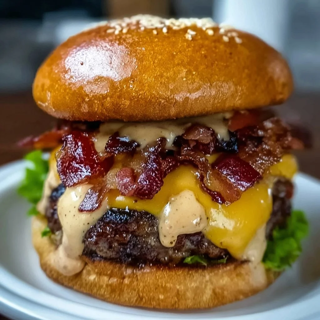Ultimate Cheesy Bacon Burger with melted cheese and crispy bacon