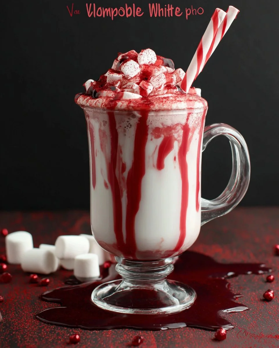 Vampire Blood White Hot Chocolate served in a spooky-themed mug