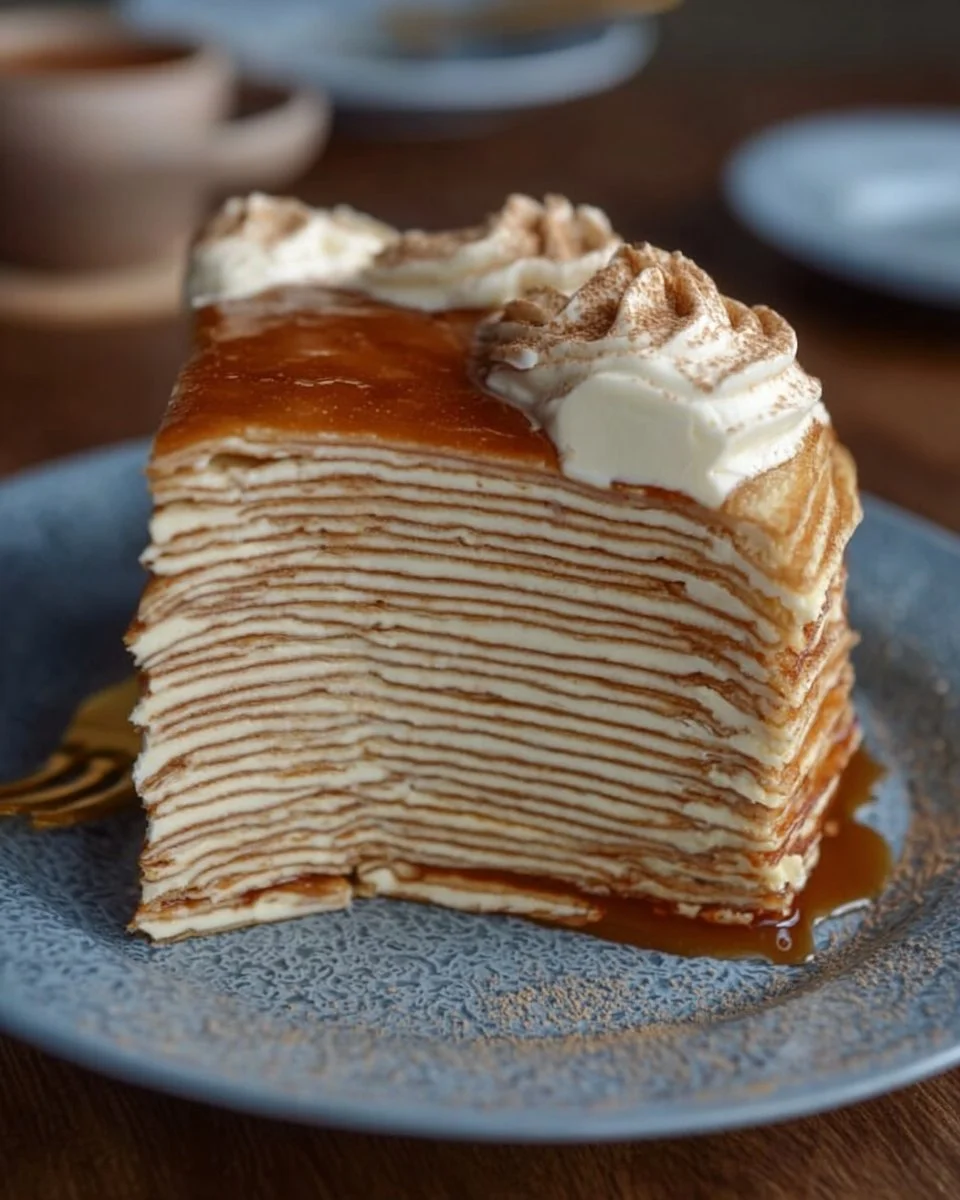Layered Vanilla and Speculoos Crêpe Cake with decorative topping