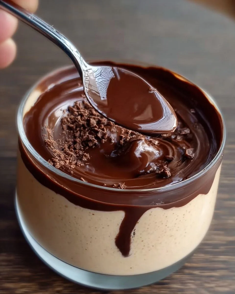 Vegan peanut butter mousse topped with chocolate ganache in a bowl