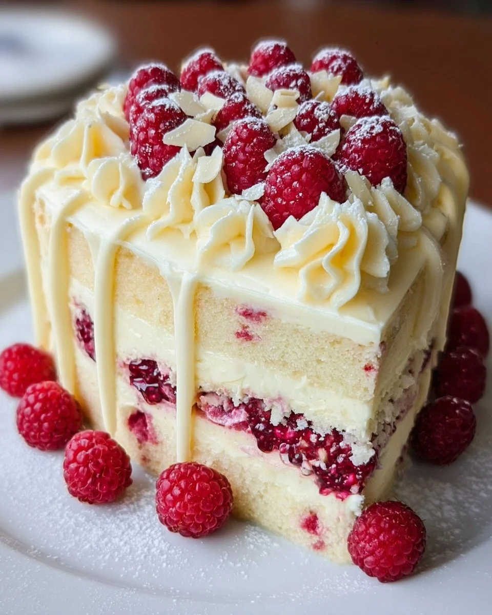 Delicious slice of white chocolate raspberry cake with fresh raspberries on top