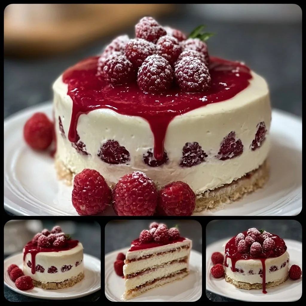 Delicious white chocolate raspberry mousse cake with vibrant raspberry topping