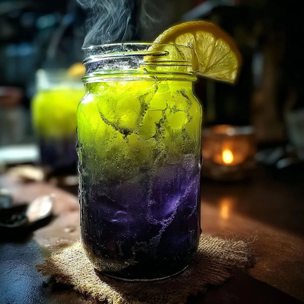 Refreshing Witches Brew Lemonade served in a spooky glass