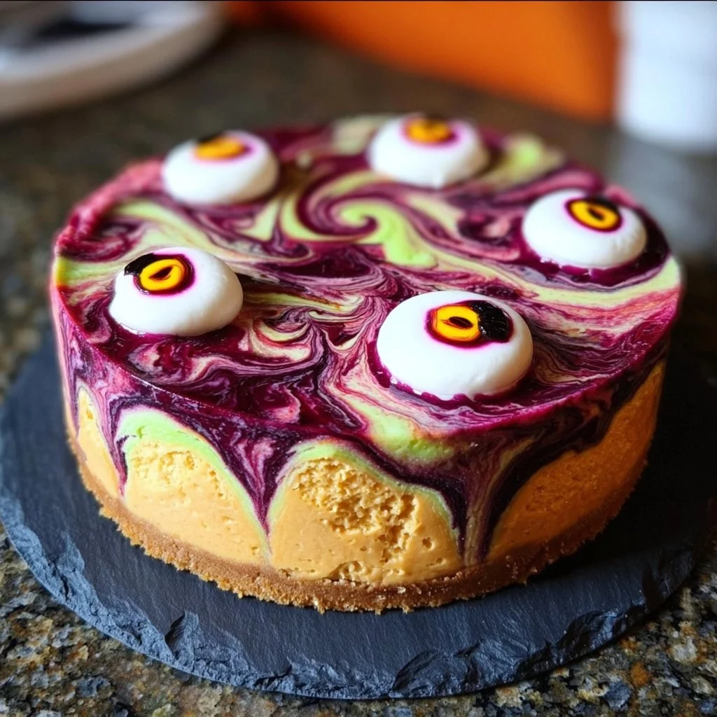Witches' Brew Swirl Cheesecake with spooky decorations for Halloween