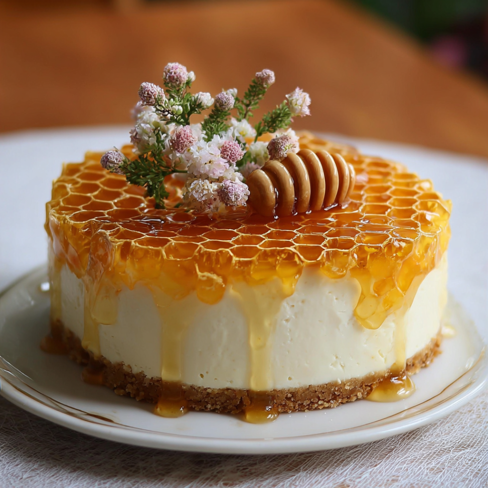 Golden Honeycomb Vanilla Cheesecake with Sugar Blossom Garnish