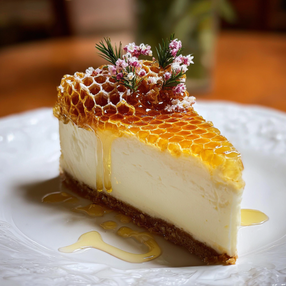 Golden Honeycomb Vanilla Cheesecake with Sugar Blossom Garnish