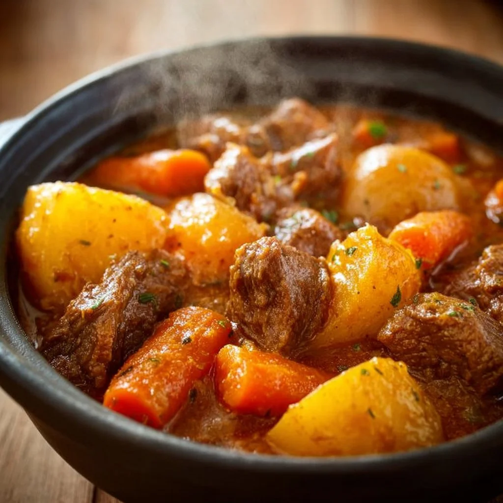Homemade beef stew with tender meat and vegetables in a rich broth