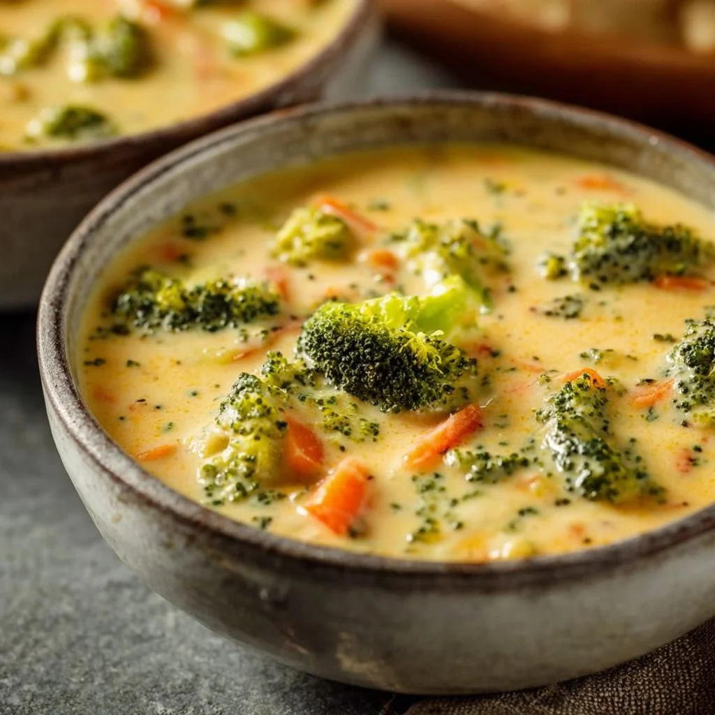Bowl of creamy broccoli cheddar soup garnished with cheese and broccoli florets