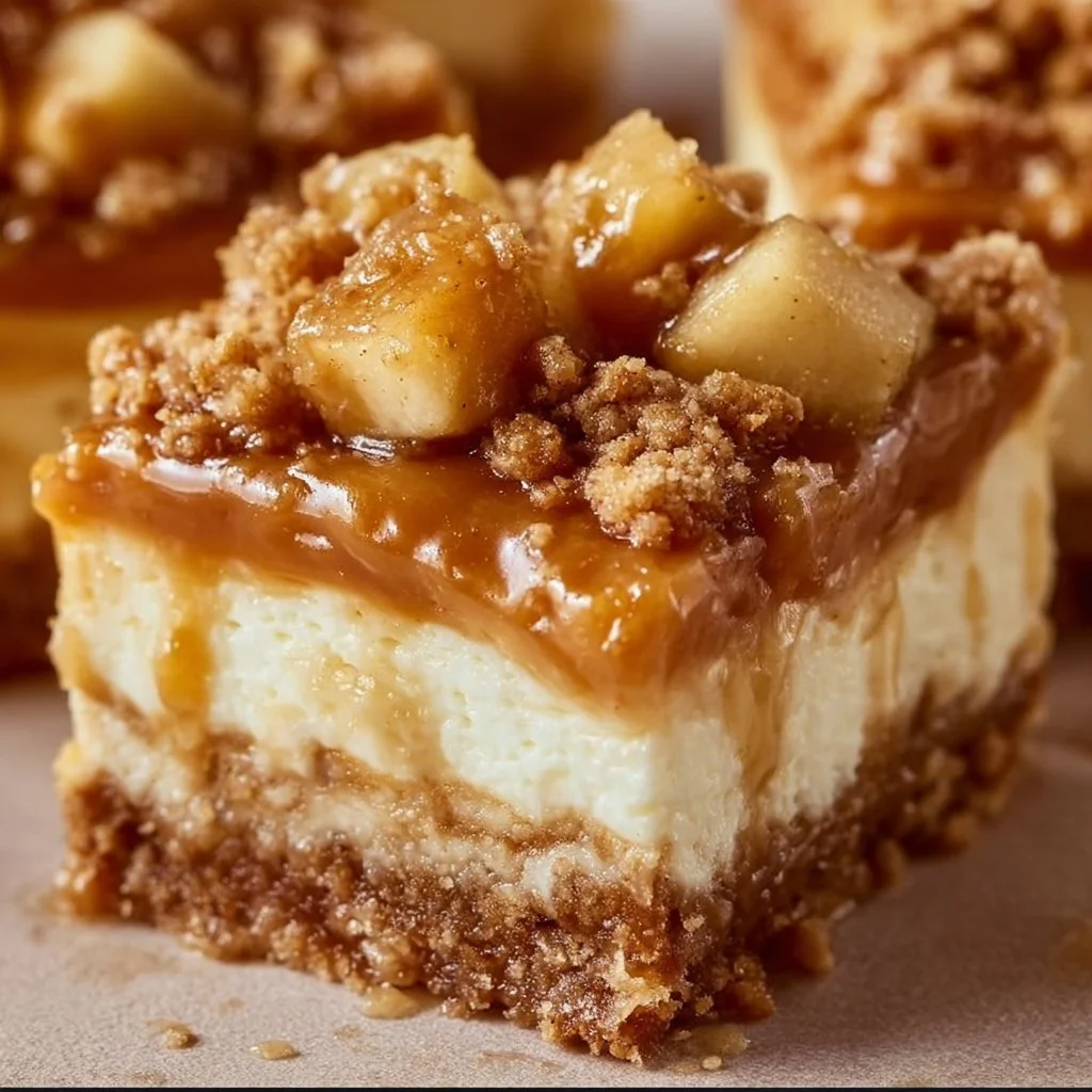 Caramel apple cheesecake bars topped with caramel drizzle and apple slices.