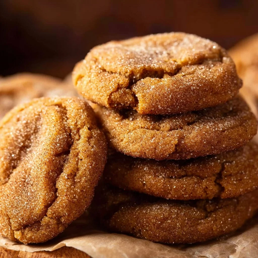 Chewy Pumpkin Snickerdoodle Cookies with cinnamon on a baking sheet.