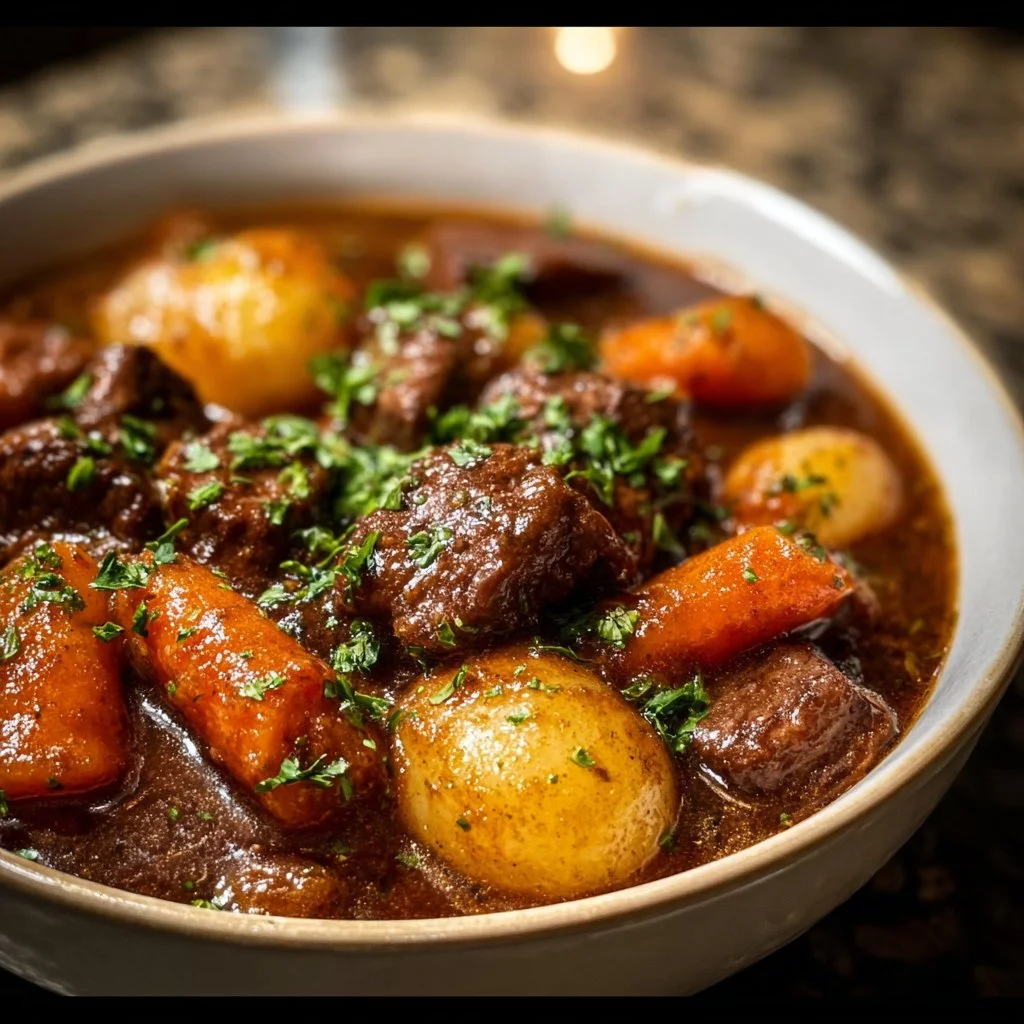 Delicious bowl of comforting crockpot beef stew with vegetables and herbs