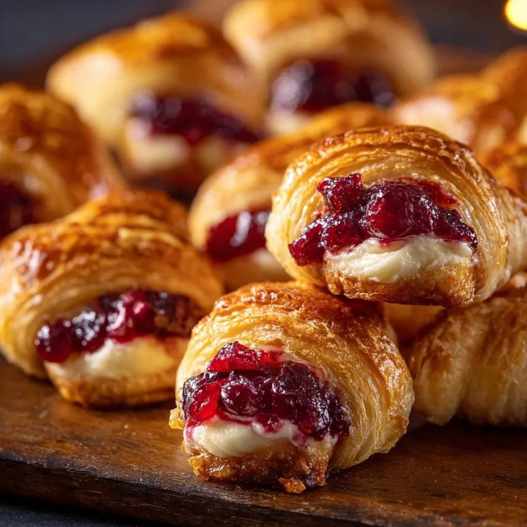 Plate of Cranberry Cream Cheese Crescent Bites garnished with cranberries and herbs