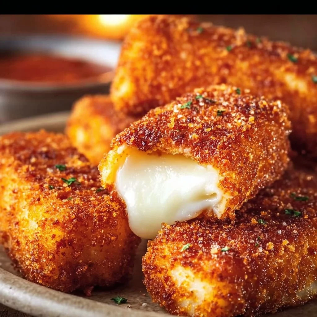Crispy Nashville hot mozzarella sticks served with dipping sauce