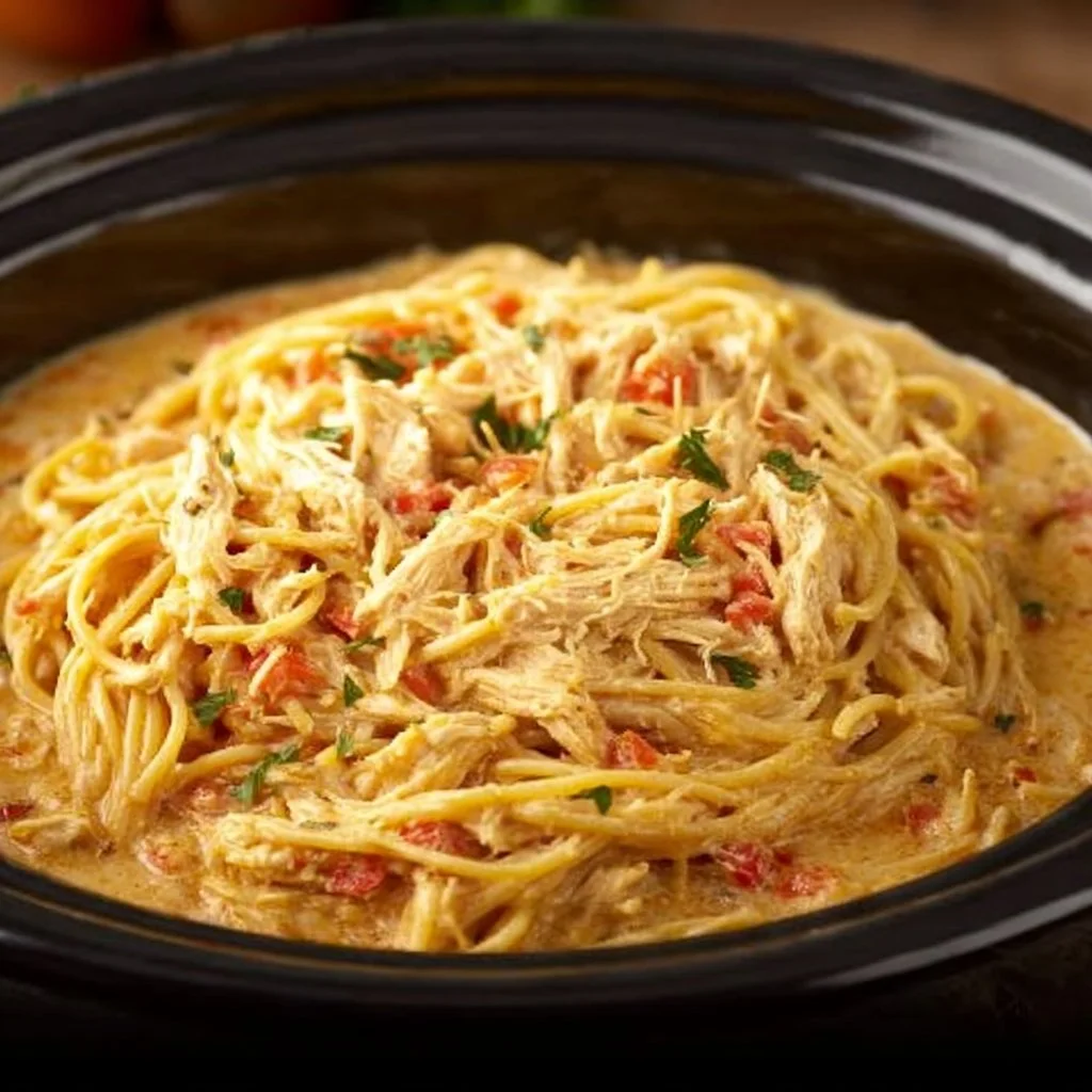 Crock Pot Cheesy Chicken Spaghetti served in a bowl with garnishes