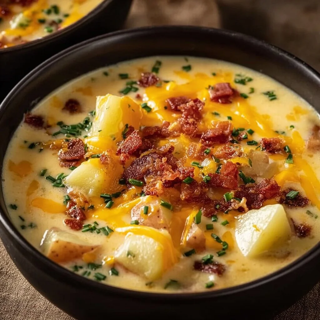 Delicious bowl of Crock Pot Crack Potato Soup topped with green onions and bacon