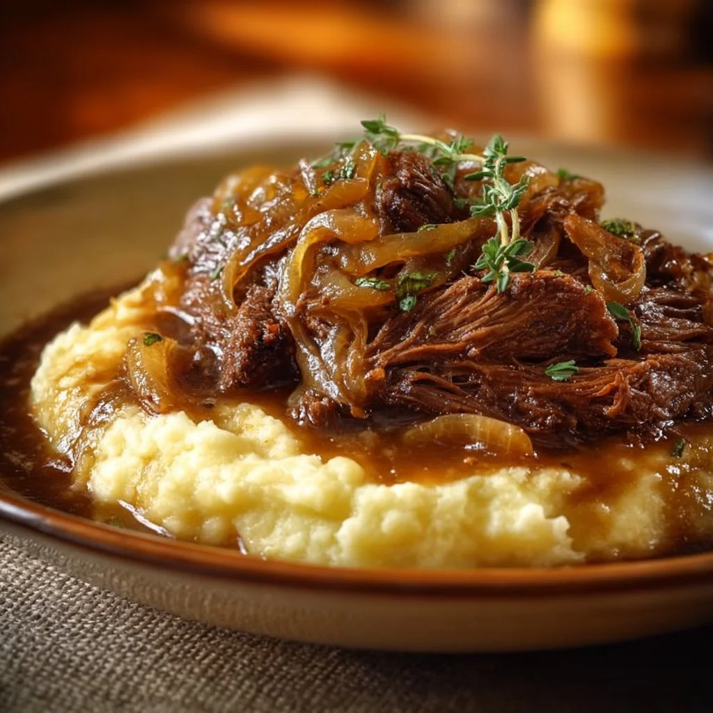 Crock Pot French Onion Pot Roast with tender beef and caramelized onions.