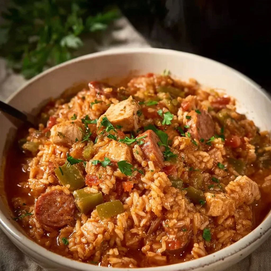 Delicious bowl of Crock Pot Jambalaya with rice, shrimp, sausage, and spices.