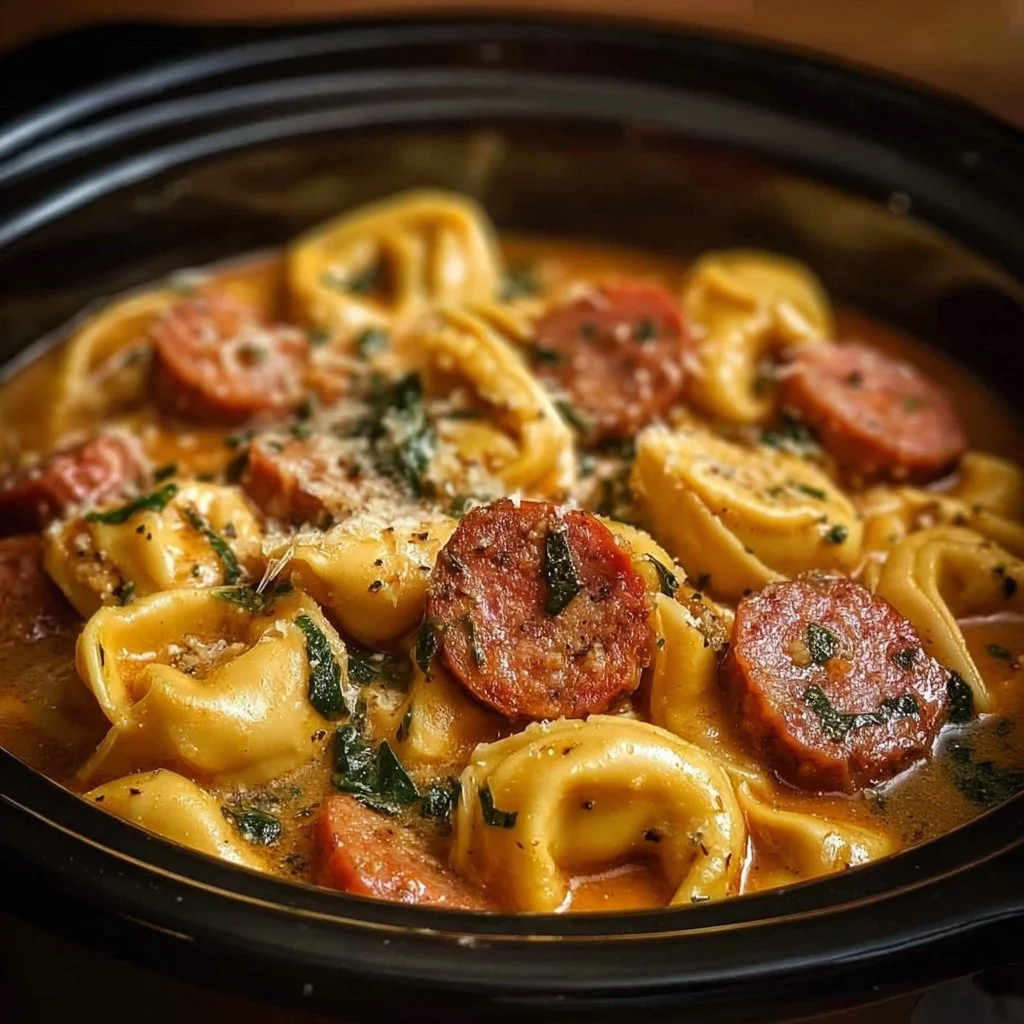 Crockpot Cheese Tortellini and Sausage in a creamy sauce
