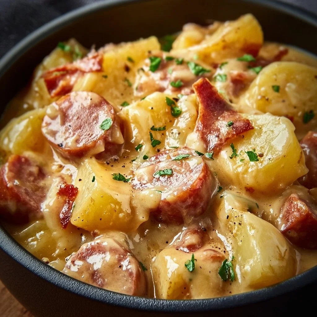 Crockpot Cheesy Potatoes and Kielbasa served in a bowl