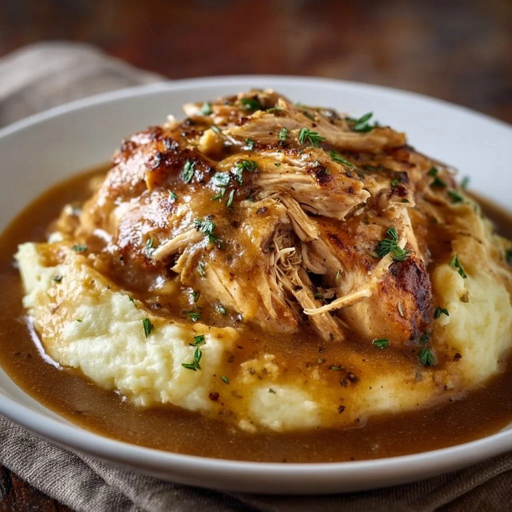 Crockpot Chicken and Gravy served on a plate with mashed potatoes