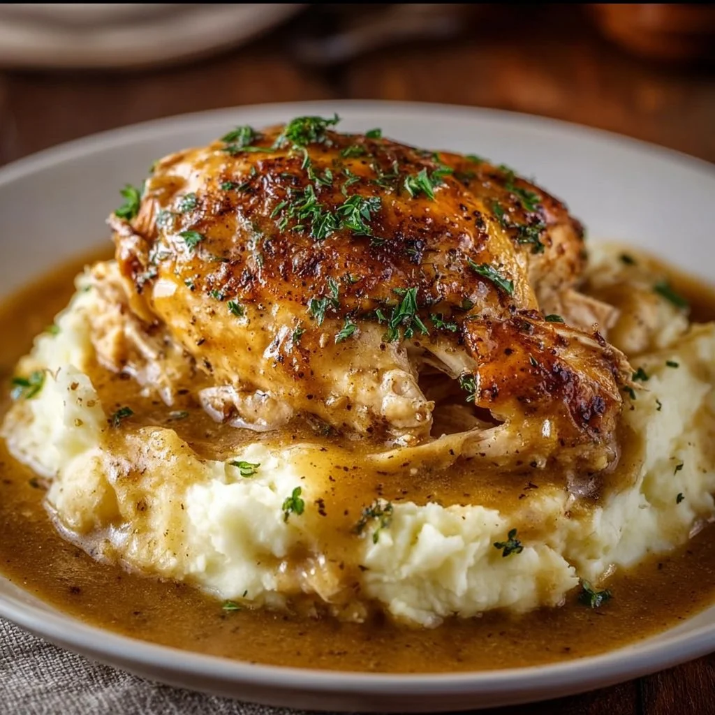 Crockpot Chicken and Gravy served on a plate with fresh herbs