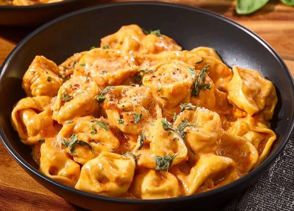 CrockPot Chicken Tortellini simmering with vegetables and sauce