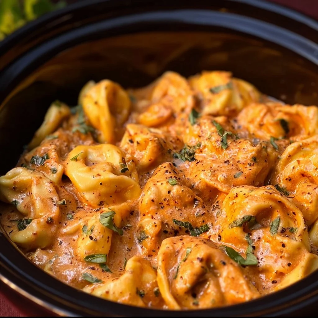 CrockPot Chicken Tortellini served in a bowl with fresh herbs