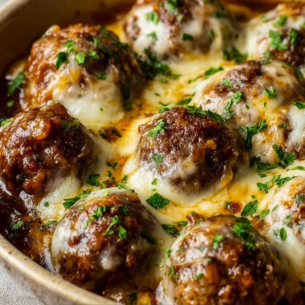 Bowls of savory Crockpot French Onion Meatballs served with cheese and herbs