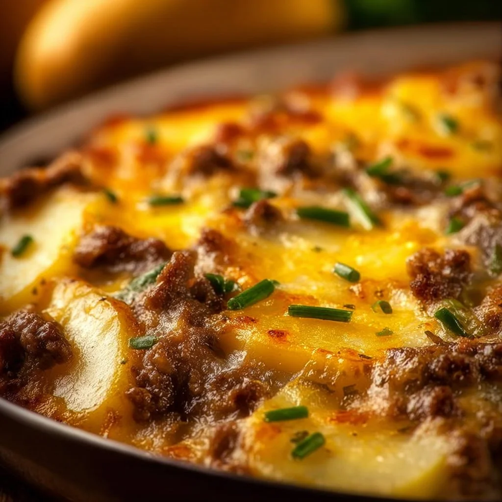 Crockpot hamburger potato casserole served in a bowl with cheese and herbs.
