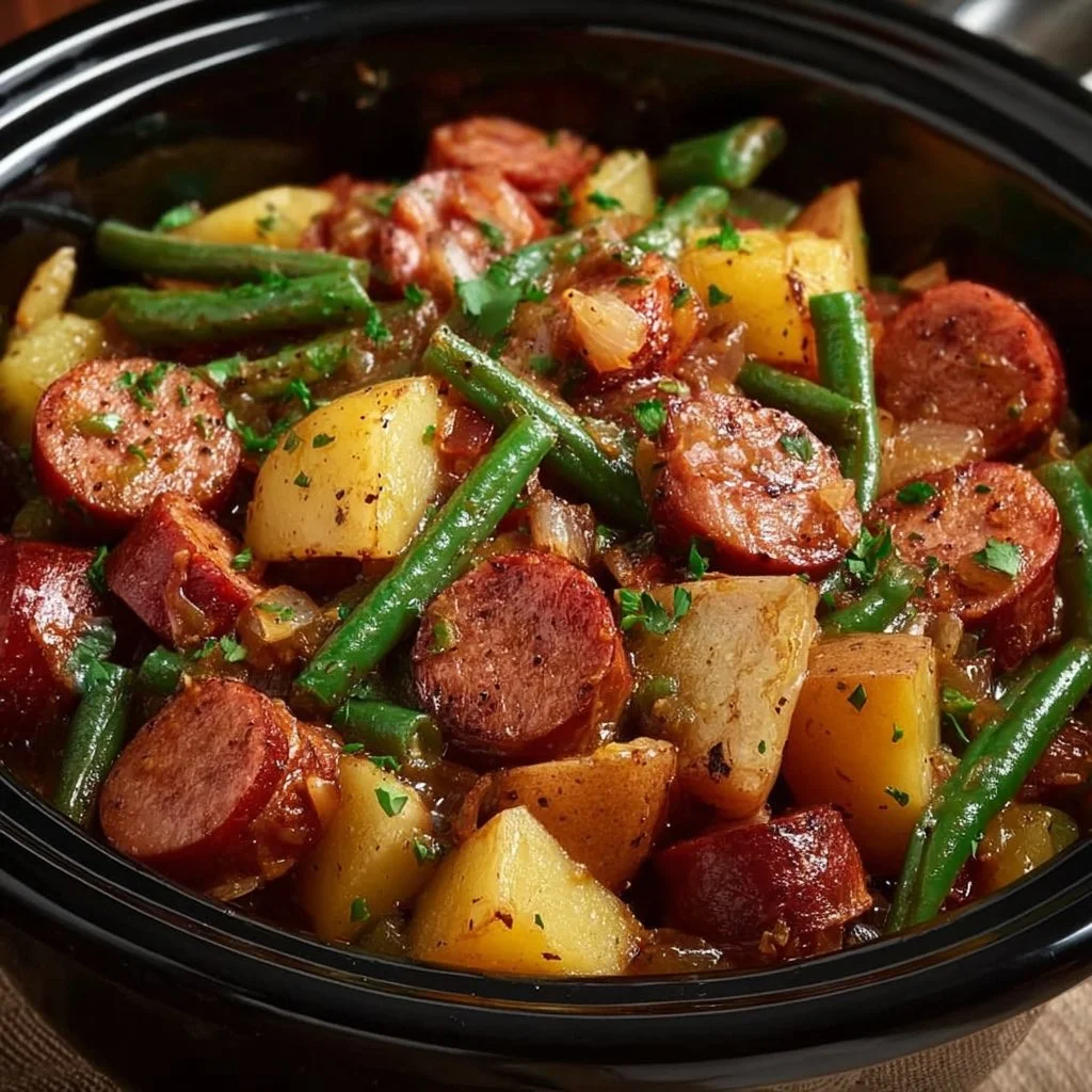Crockpot Kielbasa served with green beans in a slow cooker dish
