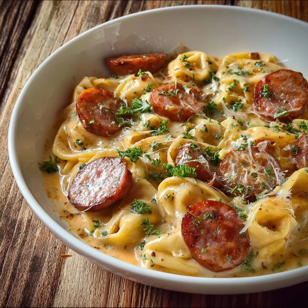 Delicious Crockpot Pierogi Casserole topped with Kielbasa and cheese