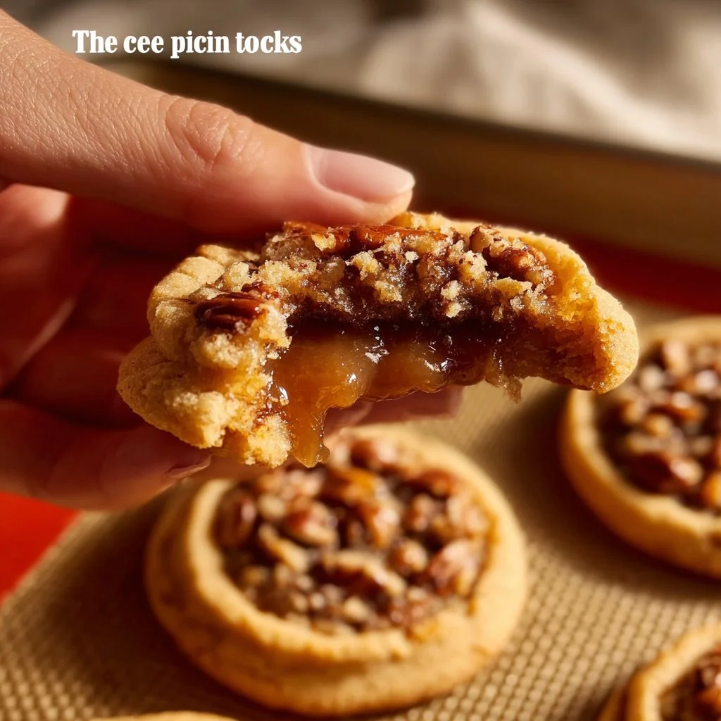 Crumbl pecan pie cookies featuring a golden crust and pecan topping.