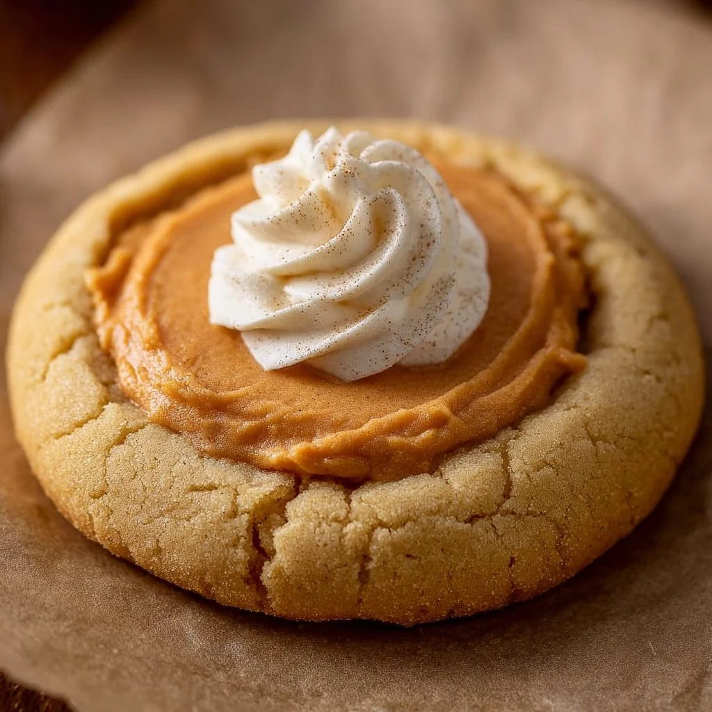 Delicious Crumbl pumpkin pie cookies topped with whipped cream
