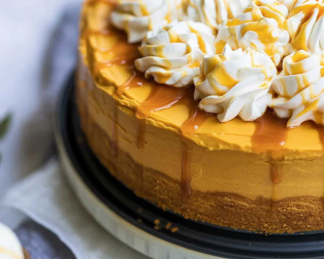 Slice of Pumpkin Caramel Cheesecake drizzled with caramel sauce on a plate.