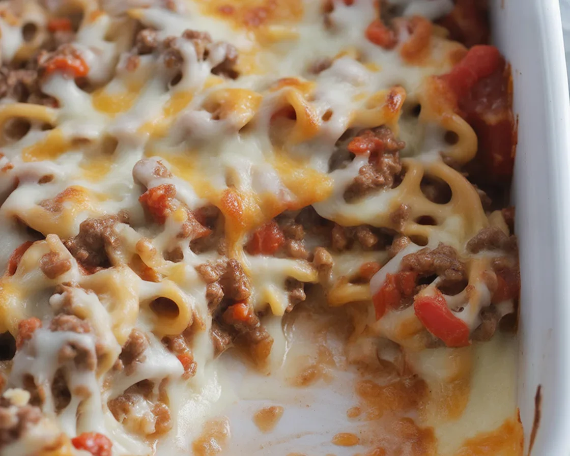 Delicious Beef Lombardi Casserole with ground beef, cheese, tomatoes, and egg noodles.