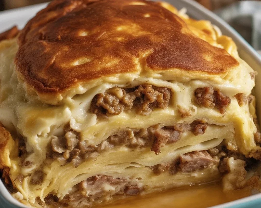 Delicious Pancake Sausage Casserole Bake served with maple syrup.