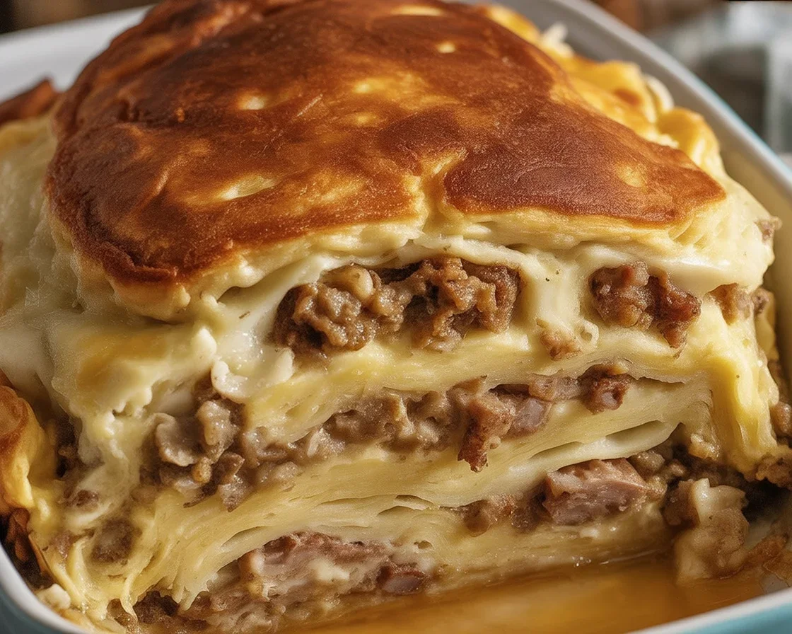 Delicious Pancake Sausage Casserole Bake served with maple syrup.