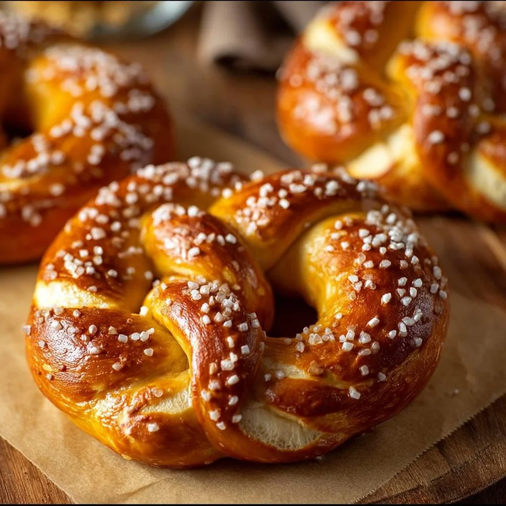 Freshly baked homemade soft pretzels on a wooden surface.
